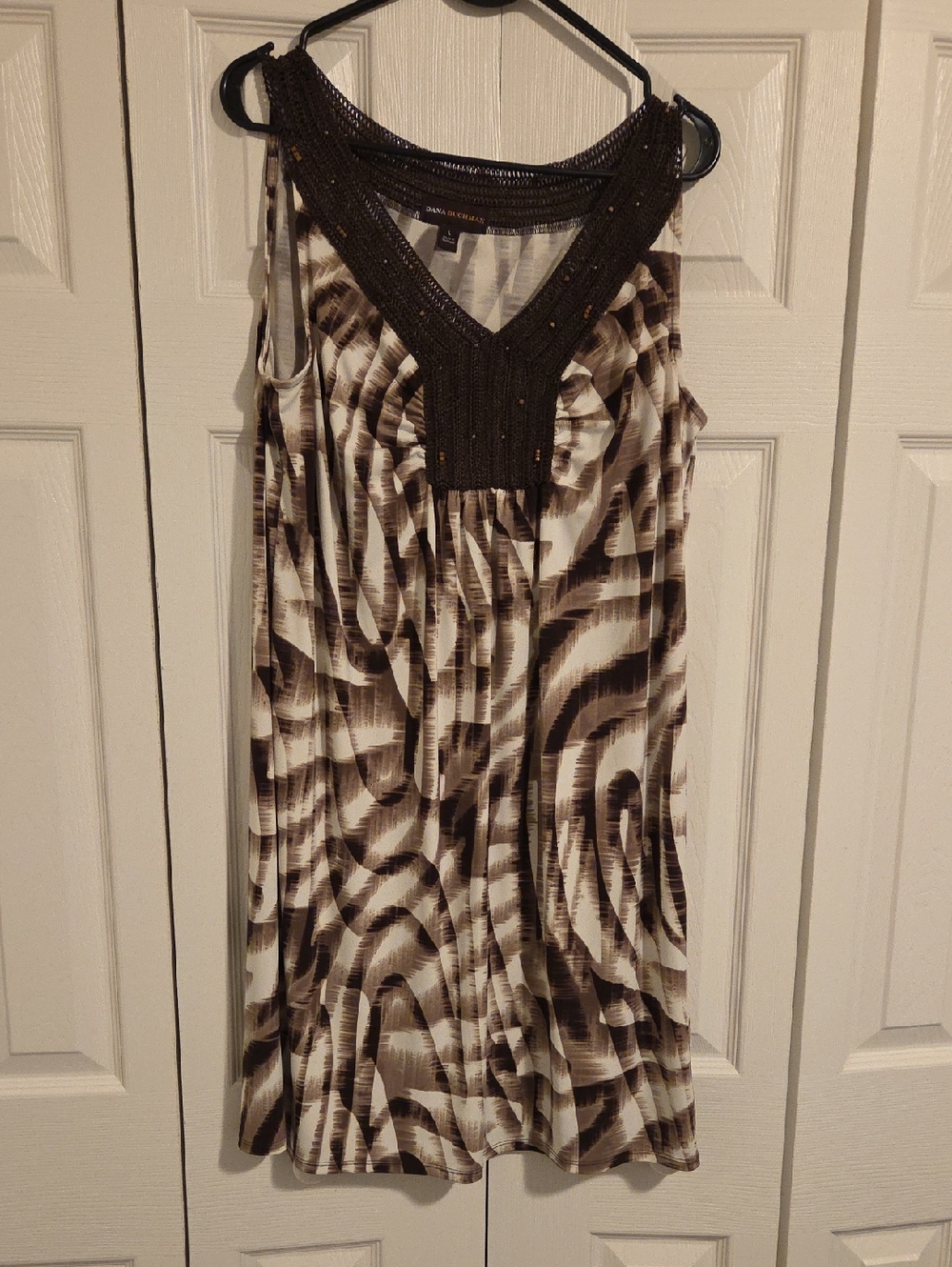Dana Buchman Brown and Cream Sleeveless Midi Dress with Beaded V-Neck